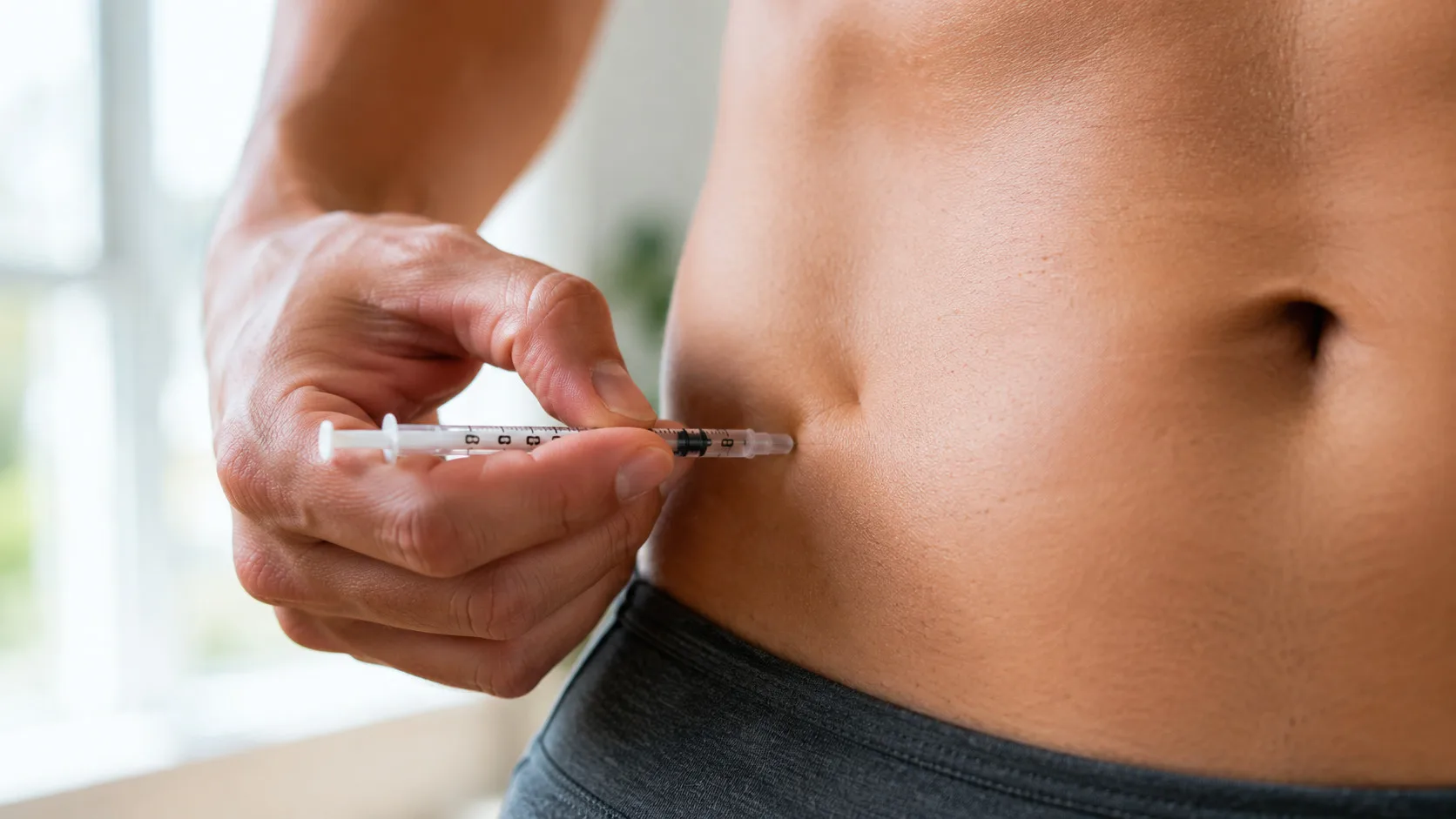 Close-up subcutaneous injection into abdomen, hand and syringe visible only.
