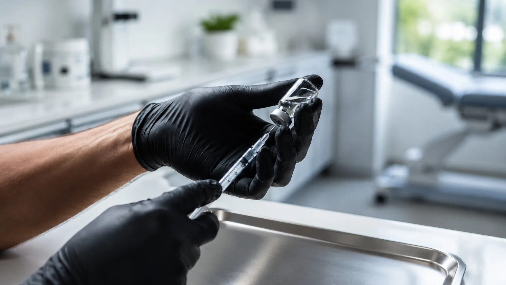 Gloved hands drawing clear liquid into a syringe from glass vial.