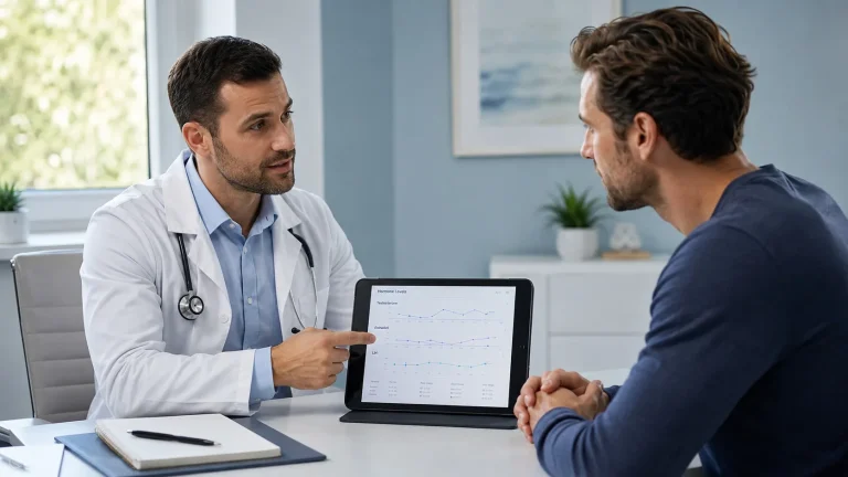 Male clinician reviewing testosterone lab results with patient during a physician-guided TRT consultation