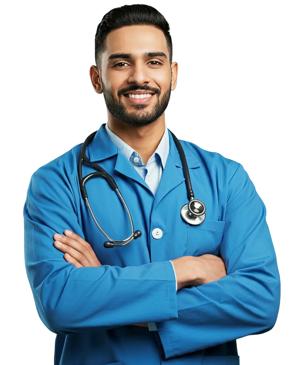 Man standing in a field with a stethoscope on his chest, symbolizing health and proactive healthcare