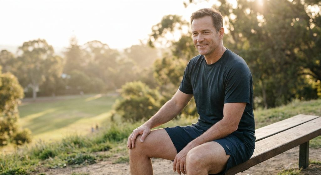 Man resting confidently after physical activity, representing recovery supported by bpc-157 peptide therapy