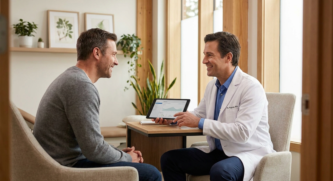 Doctor reviewing lab results with a patient to ensure safe, supervised bpc-157 treatment