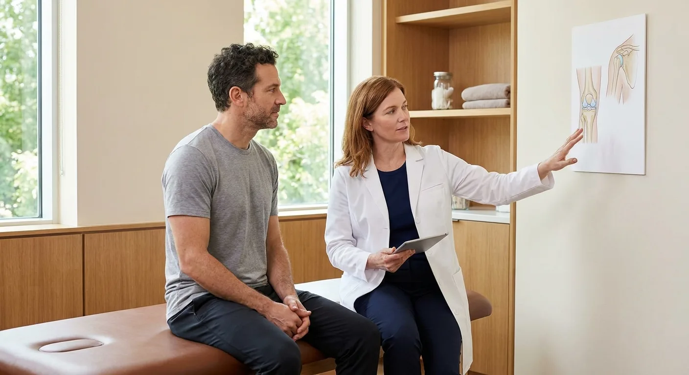 Physician explaining a soft-tissue recovery treatment plan to a patient