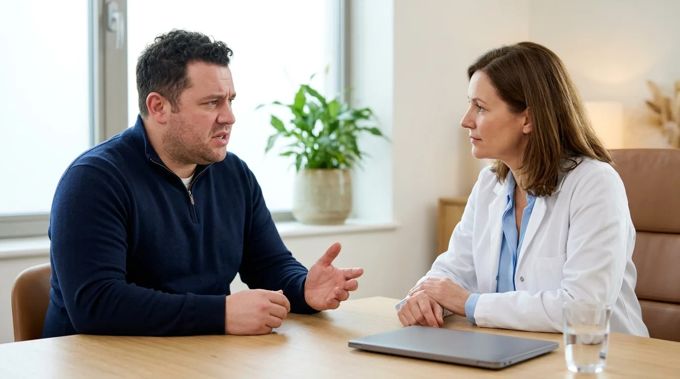 A client describing his antidepressant side effects to a physician across the desk in a bright consultation office