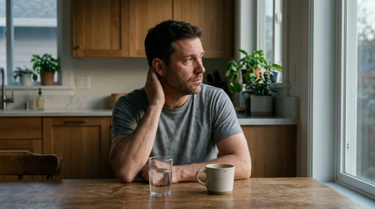 Do SSRIs lower testosterone? A tired man in his early forties at his kitchen table in the morning