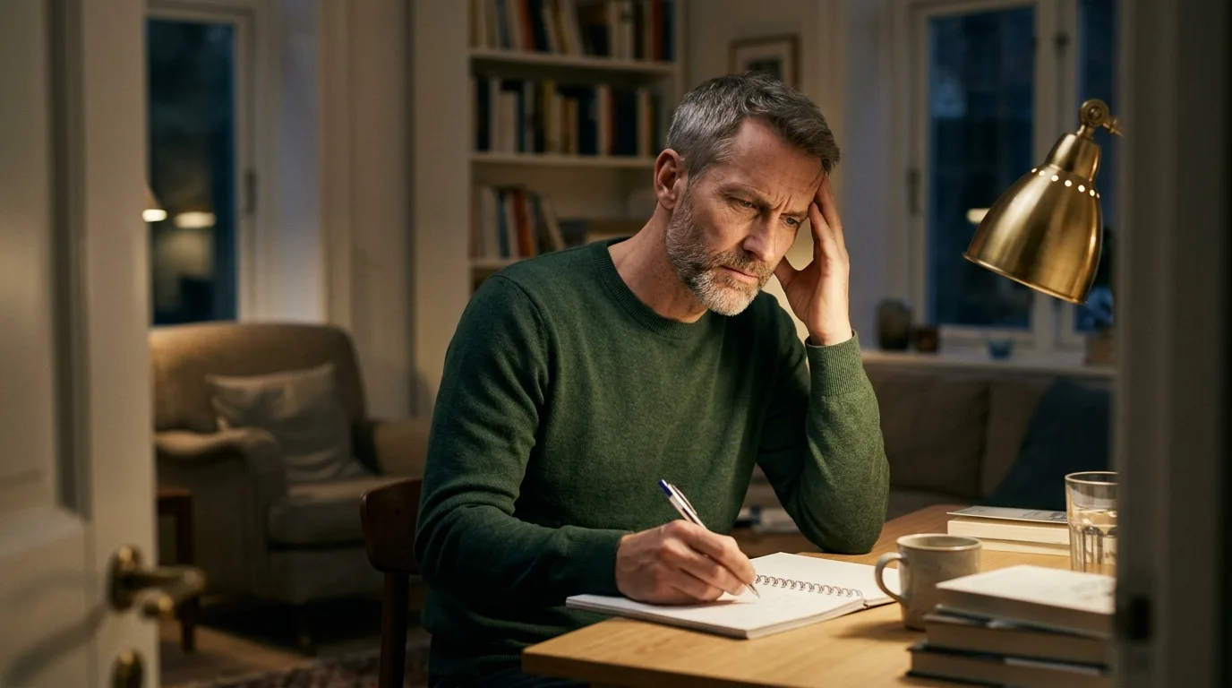 Man in his late forties writing down his symptoms in a notebook at home while taking antidepressants
