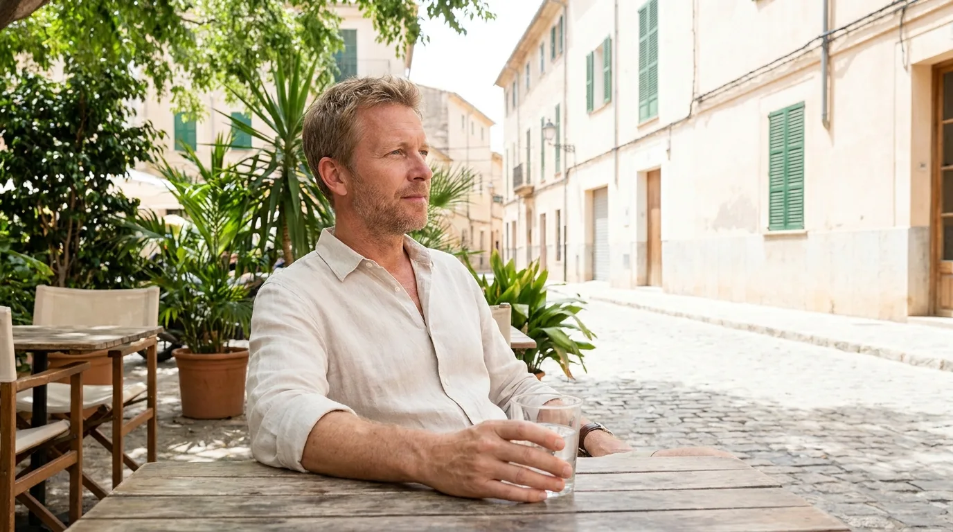 A man seated at a sunny outdoor terrace in Colombia considering a consultation about regenerative hair treatment