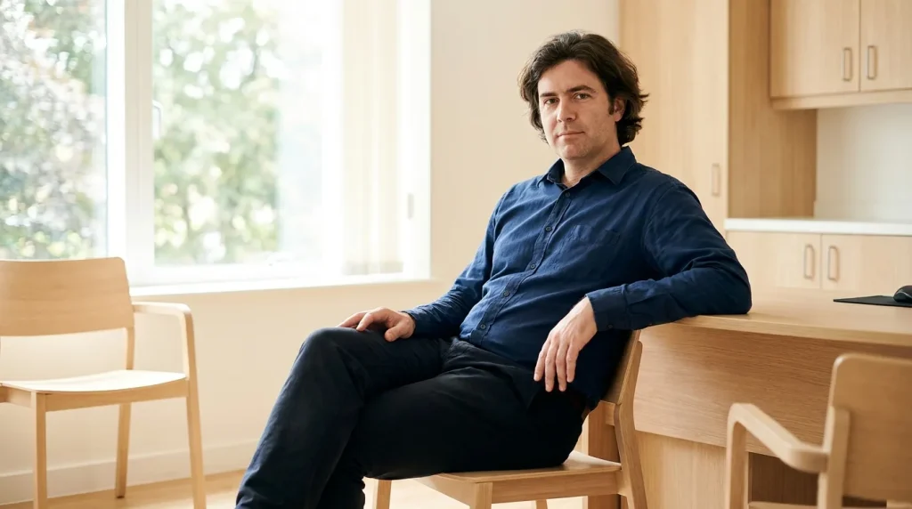 A man in his early forties sitting in a bright consultation room while researching exosomes for hair loss