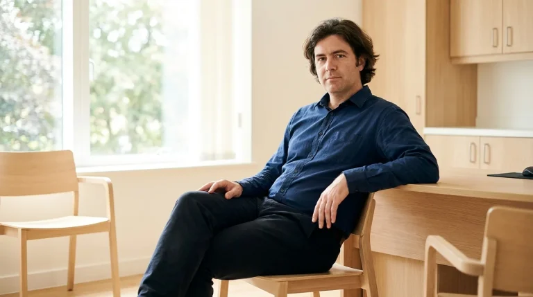 A man in his early forties sitting in a bright consultation room while researching exosomes for hair loss