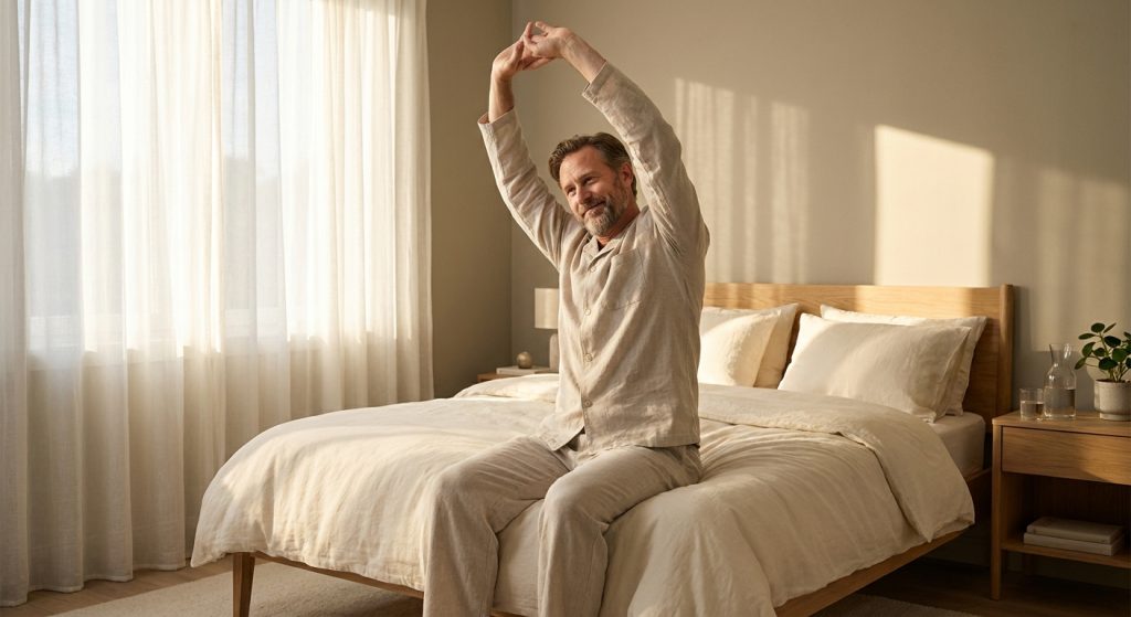 Man waking up refreshed after restful sleep, representing how peptides for sleep can support better rest