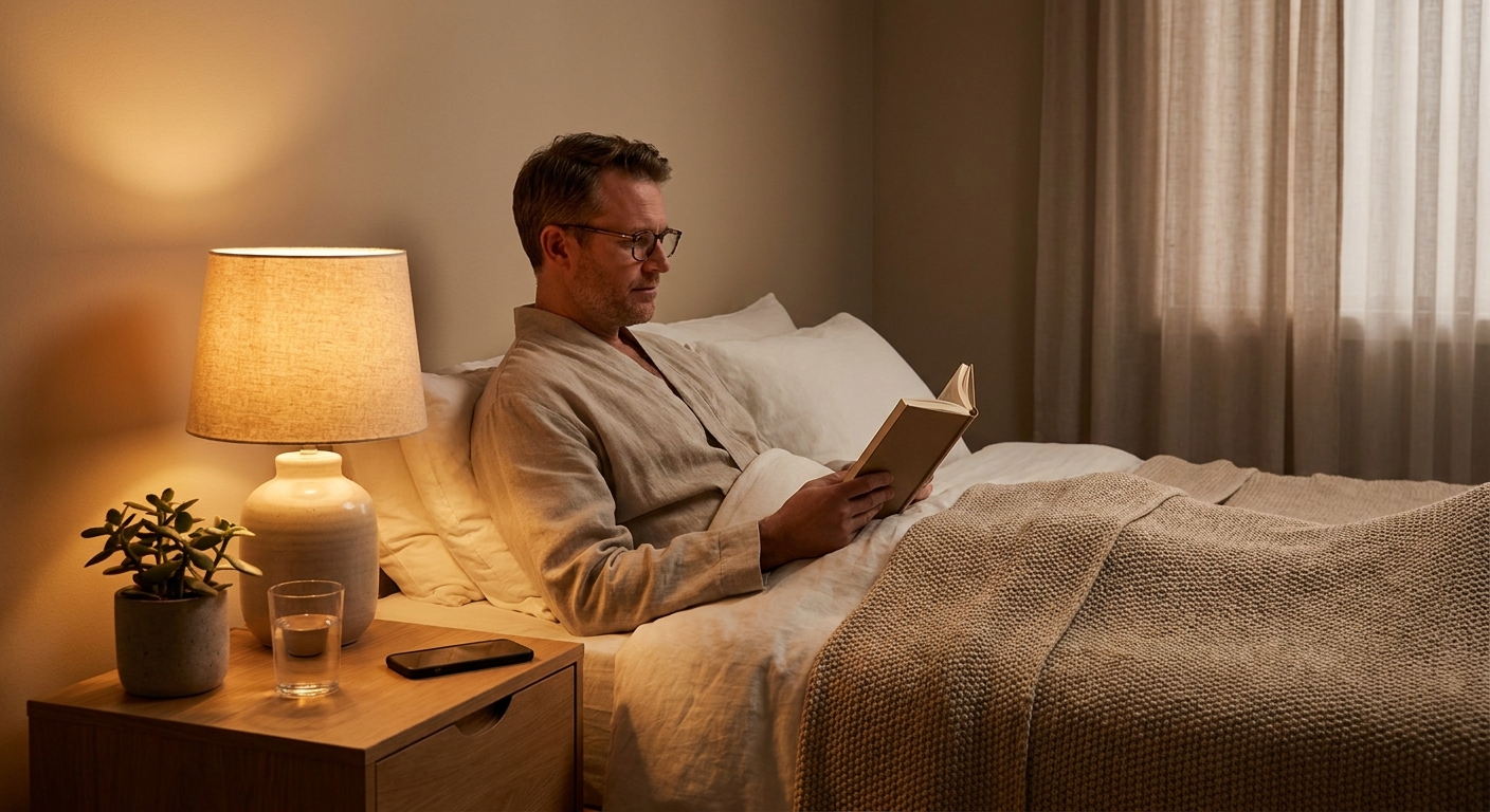 Man reading before bed as part of a healthy evening sleep routine
