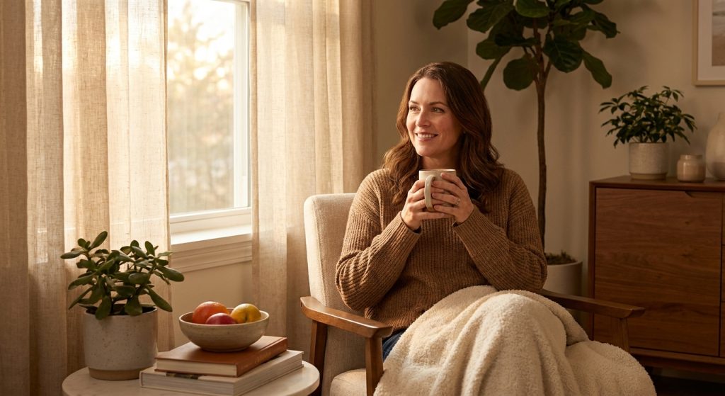 Woman in her late 40s smiling calmly by a window, representing wellbeing through the perimenopause transition