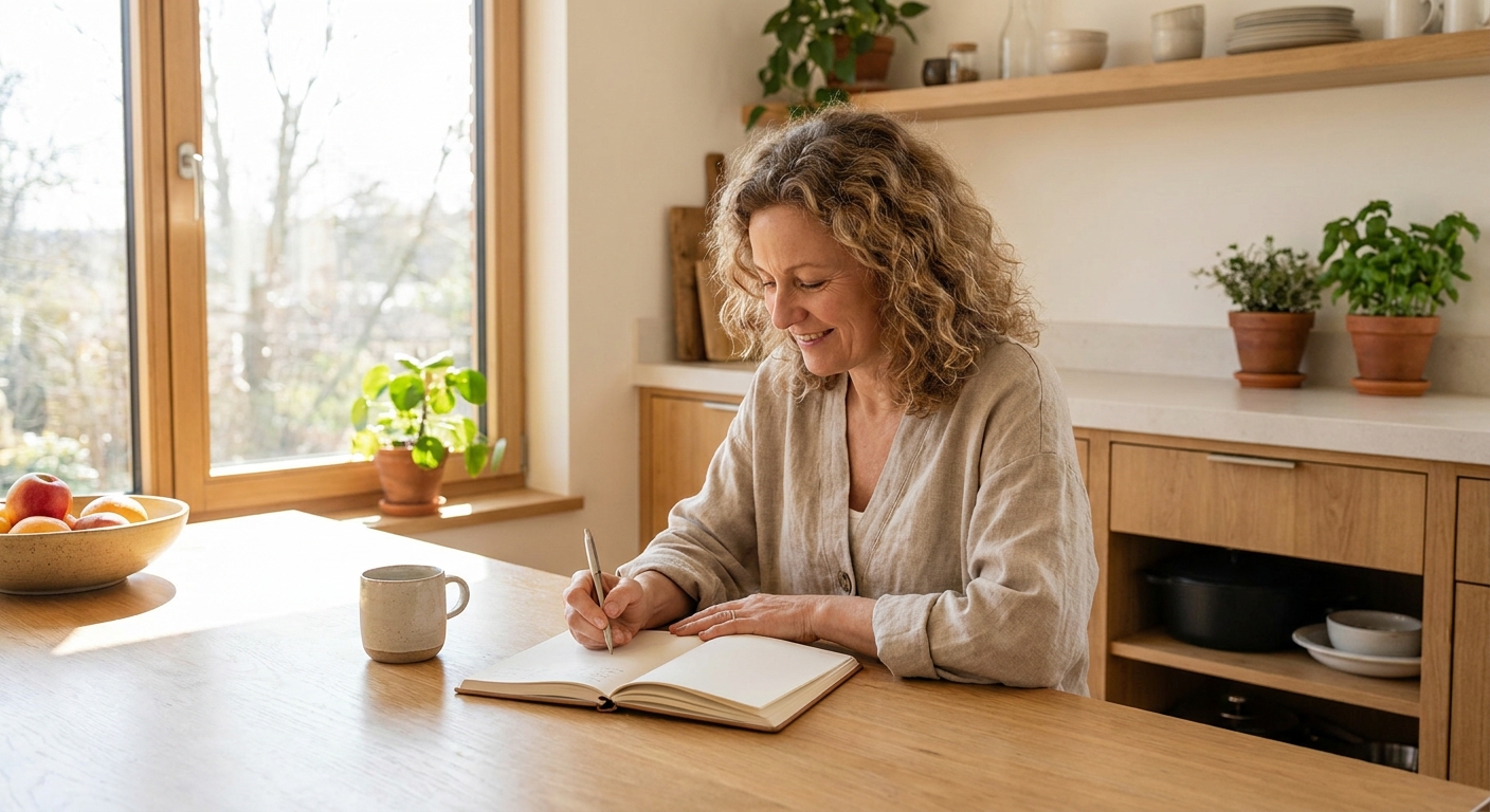 Woman journaling to track perimenopause symptoms at home
