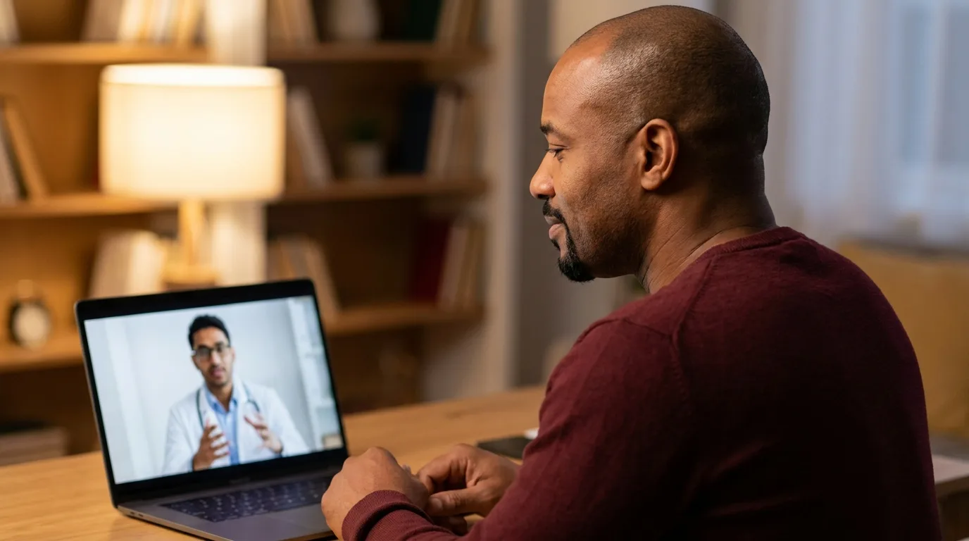 Man on an evening video consultation with a physician to talk through night sweats and a possible dose adjustment