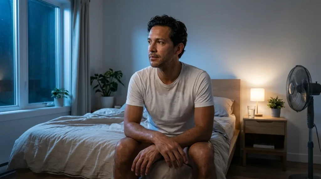 Man sitting on the edge of his bed at night in a damp t-shirt, a familiar scene for men dealing with trt night sweats