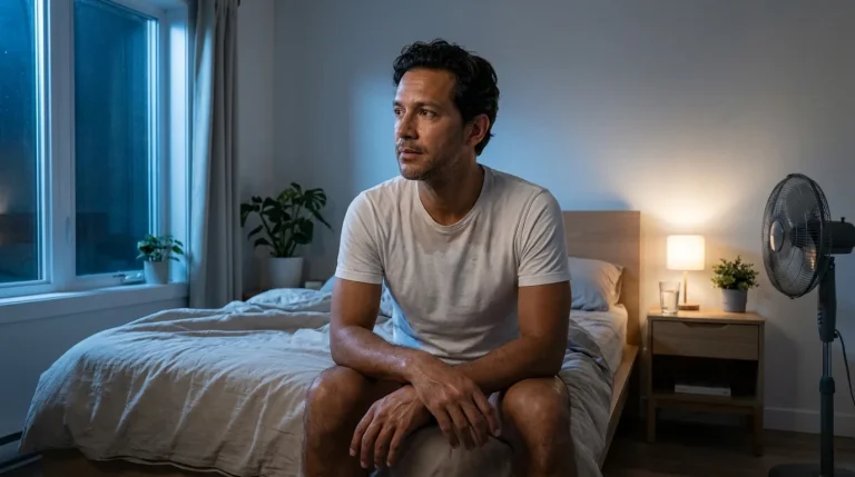 Man sitting on the edge of his bed at night in a damp t-shirt, a familiar scene for men dealing with trt night sweats